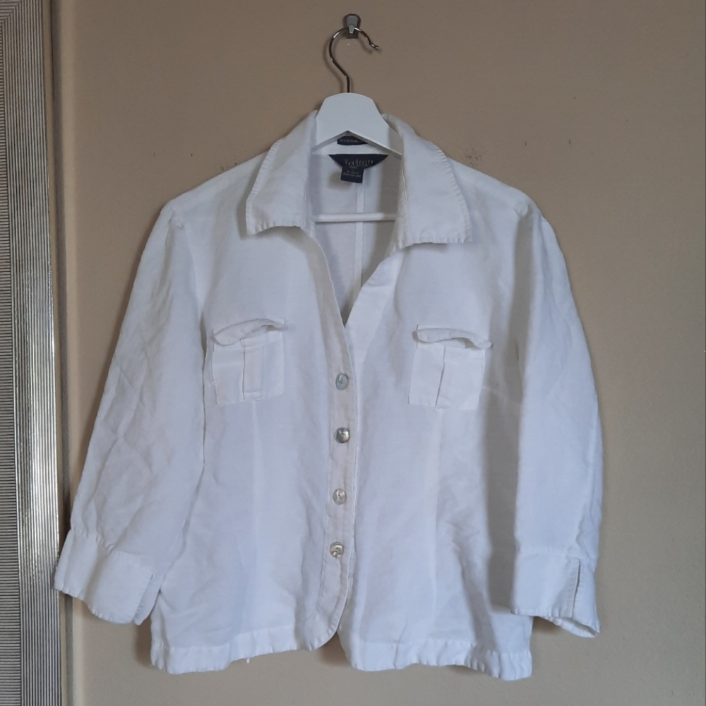 Van Heusen Linen Blend Button Down Shirt Layering Coastal Beachy Casual